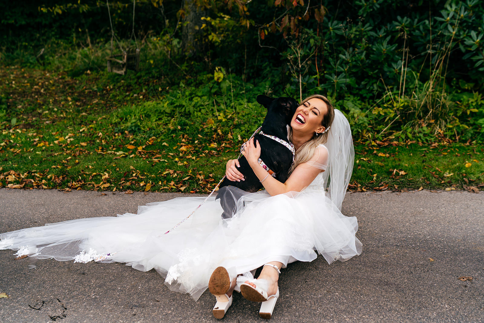 Bride hugs dog sat on road at wedding venue