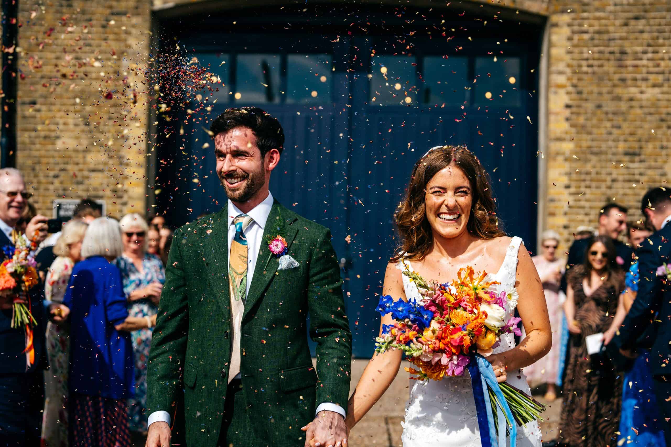 Confetti exit after ceremony at Trinity Buoy Wharf out of The Chainstore